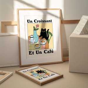 French Cafe Croissant Cat Print, Retro Drink Poster, Bistro Coffee Posters, Un Cafe Sil Vous Plait, Kitchen Decor, Unique Posters, UNFRAMED image 2