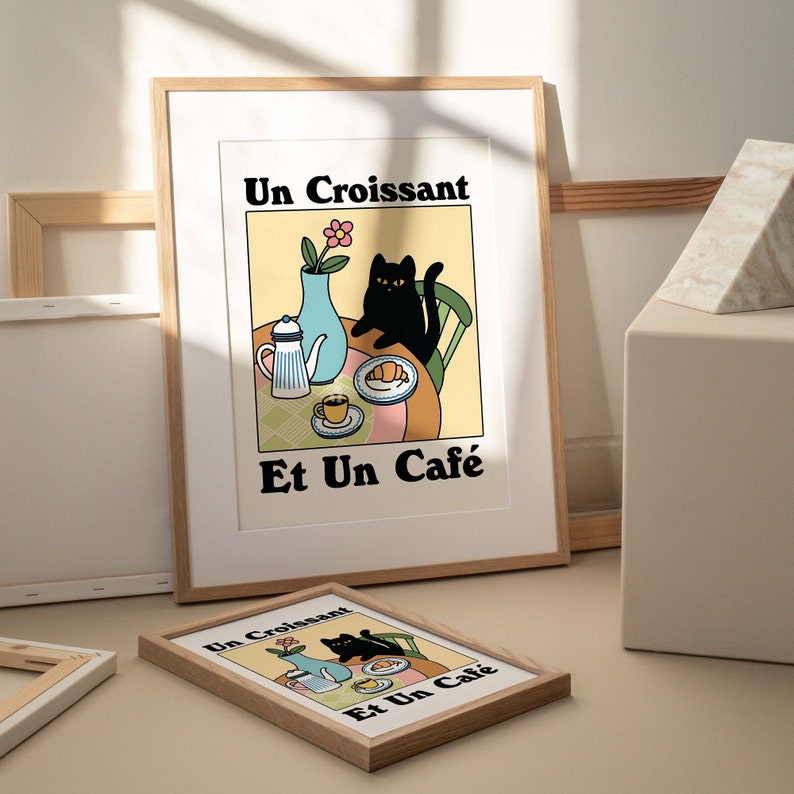 French Cafe Croissant Cat Print, Retro Drink Poster, Bistro Coffee Posters, Un Cafe Sil Vous Plait, Kitchen Decor, Unique Posters, UNFRAMED image 2
