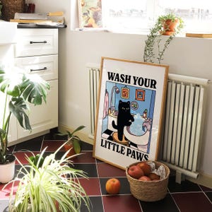 Wash your Paws Cat Print, Cute Bathroom Poster, Wash Room Childrens Washing up Posters, Kawaii Prints Decor, Unique Cats Art, UNFRAMED image 3