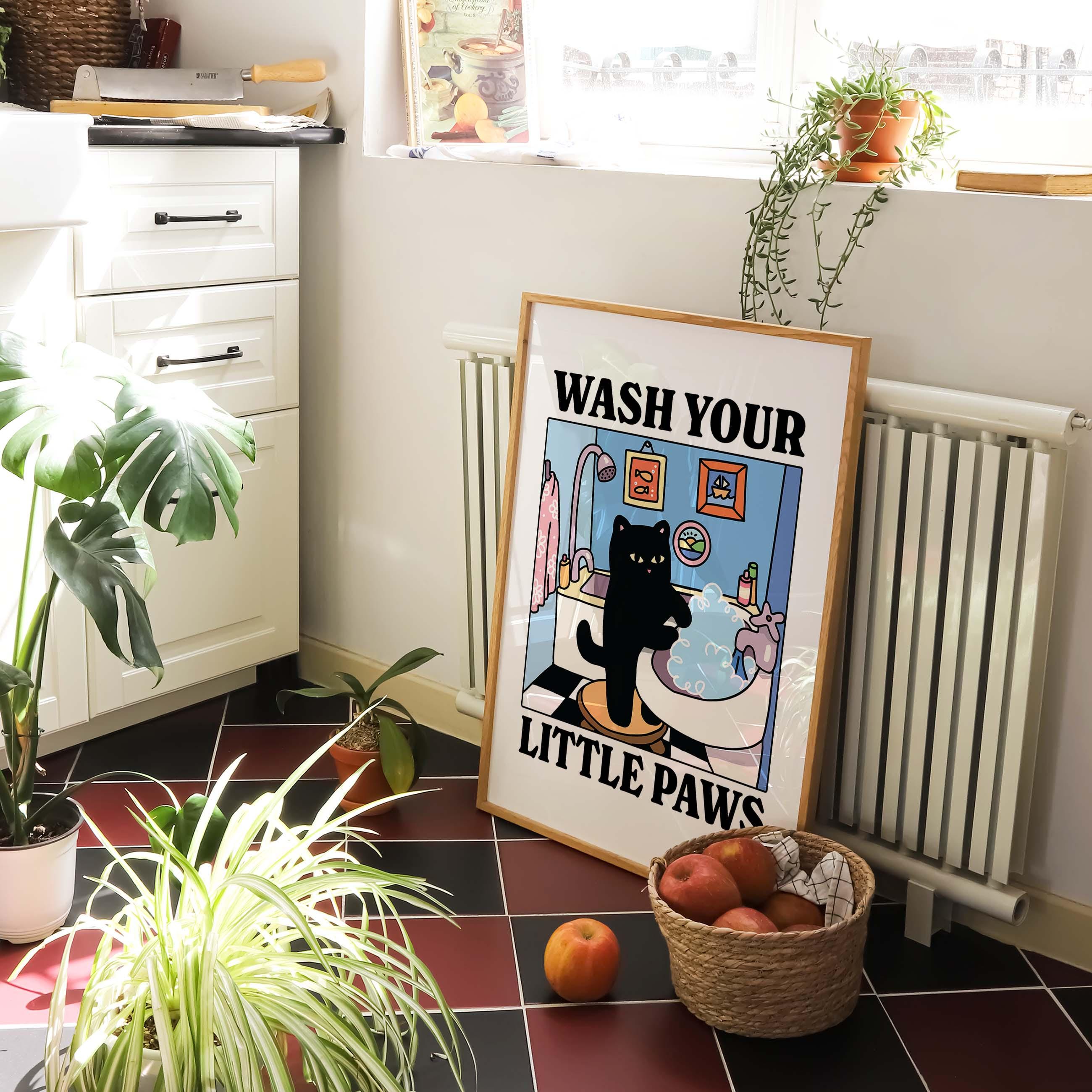 Wash your Paws Green Cat Print, Cute Bathroom Poster, Wash Room Childrens Washing up Posters, Kawaii Prints Decor, Unique Cats Art, UNFRAMED