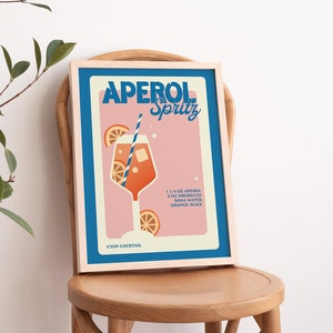 May include: A vintage-style poster with a pink background and blue border. The poster features a glass of Aperol Spritz with orange slices and a straw. The text on the poster reads "Aperol Spritz" and includes the ingredients: 1 1/4 oz Aperol, 3 oz Prosecco, Soda Water, Orange Slice. The poster also includes the text "CYUN COCKTAIL."