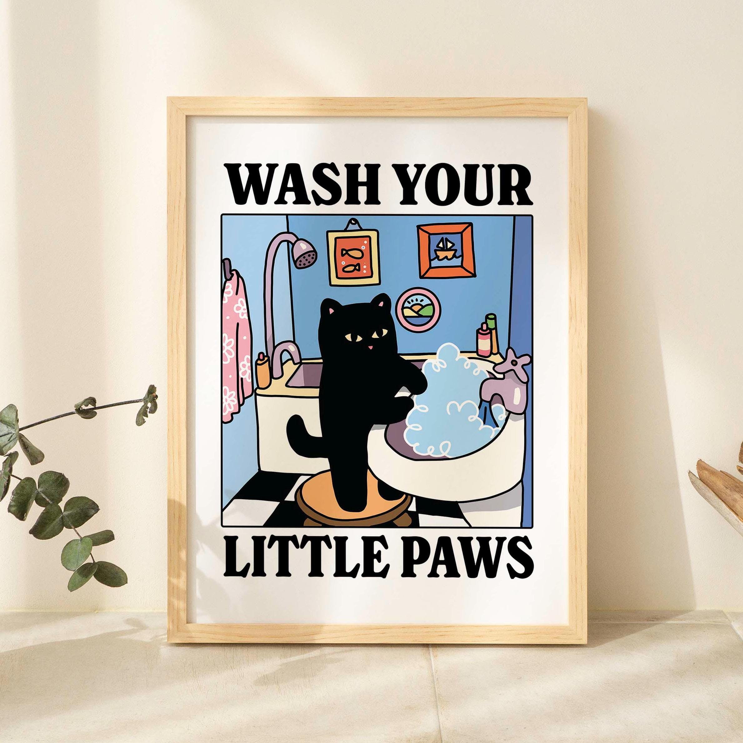 Wash your Paws Green Cat Print, Cute Bathroom Poster, Wash Room Childrens Washing up Posters, Kawaii Prints Decor, Unique Cats Art, UNFRAMED