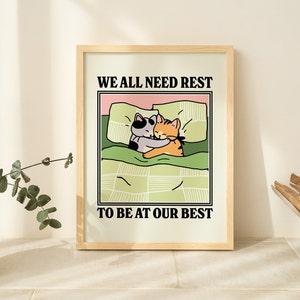 FRAMED Cute Cat Wall Print, Rest Self Care Quote, Cute Kids Classroom Poster, Nursery BedRoom Decor White, Black Natural Wooden Metal Frame