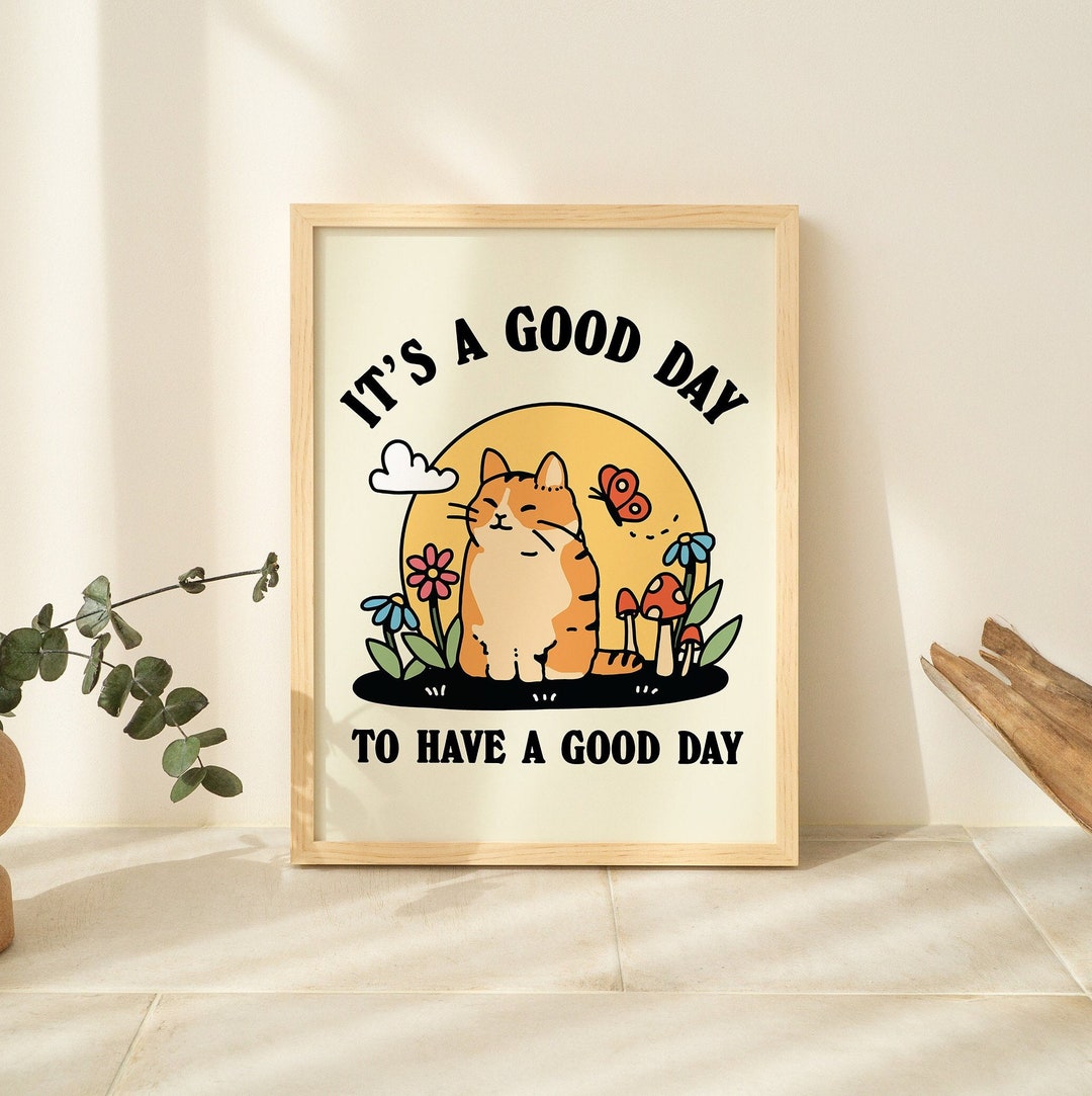 Colorful Cat Wall Print, Retro Maximalist Nursery Decor, Classroom Digital Download Print, Positive Quote, Printable Art, Downloadable Print