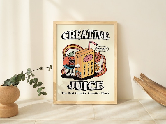 Retro Creativity Juice Print, Vintage Colorful Illustration, A3 A2 Prints, Large Trendy 70s Poster, Burnt Orange, Positive Quote, UNFRAMED