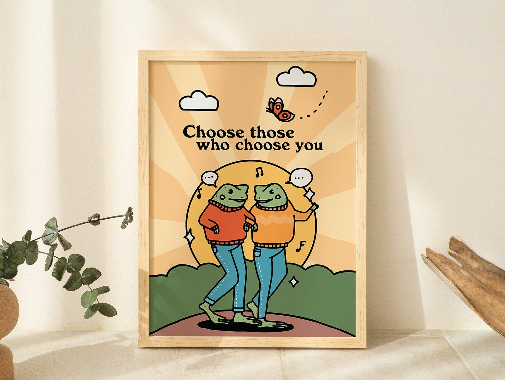 Cute Frogs Friendship Print, Retro Toad Poster, Frog Lover Gift, Bold colorful Wall prints, Large Prints, Classroom Quote Print, UNFRAMED