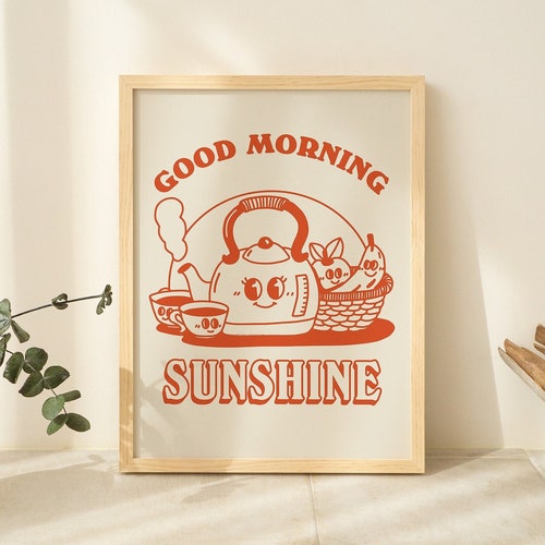 Impresión de pared de cocina, Ilustración de desayuno retro, Póster de hervidor vintage de los años 70, Decoración de comida, Impresión artística grande, Obra de arte naranja quemada, SIN MARCO