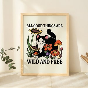 Cartel retro de gato de flores silvestres, impresión botánica, cita de niño salvaje, cartel de flores, arte de cita salvaje y libre, cartel grande colorido, SIN MARCO
