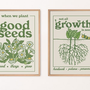 Set of 2 Retro Botanical Wall Prints, Retro Quote, Positive self care Plants Illustration, Flower Market Prints, Boho Sage Green, UNFRAMED