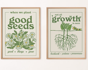 Set of 2 Retro Botanical Wall Prints, Retro Quote, Positive self care Plants Illustration, Flower Market Prints, Boho Sage Green, UNFRAMED