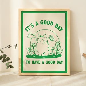 Impression murale d’illustration de chat, citation de bonheur, affiches de classe pour enfants mignons, décor de pépinière Cottagecore, impressions d’animaux vert orange, SANS CADRE