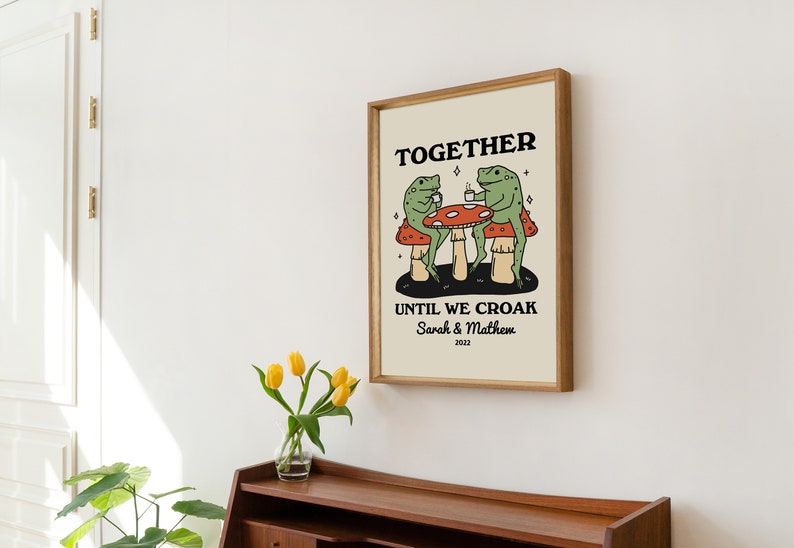 Personalized Couple Print, Custom Frog Illustration, Anniversary Engagement Valentines Gift Idea, Cute Wall decor, Retro Aesthetic, UNFRAMED image 3