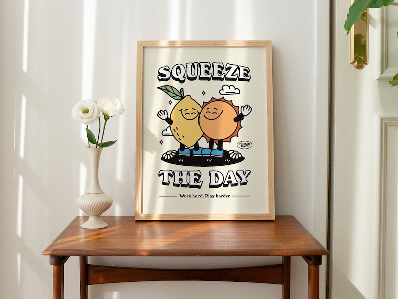Cute Retro Poster Squeeze the Day Print Retro Positivity Etsy