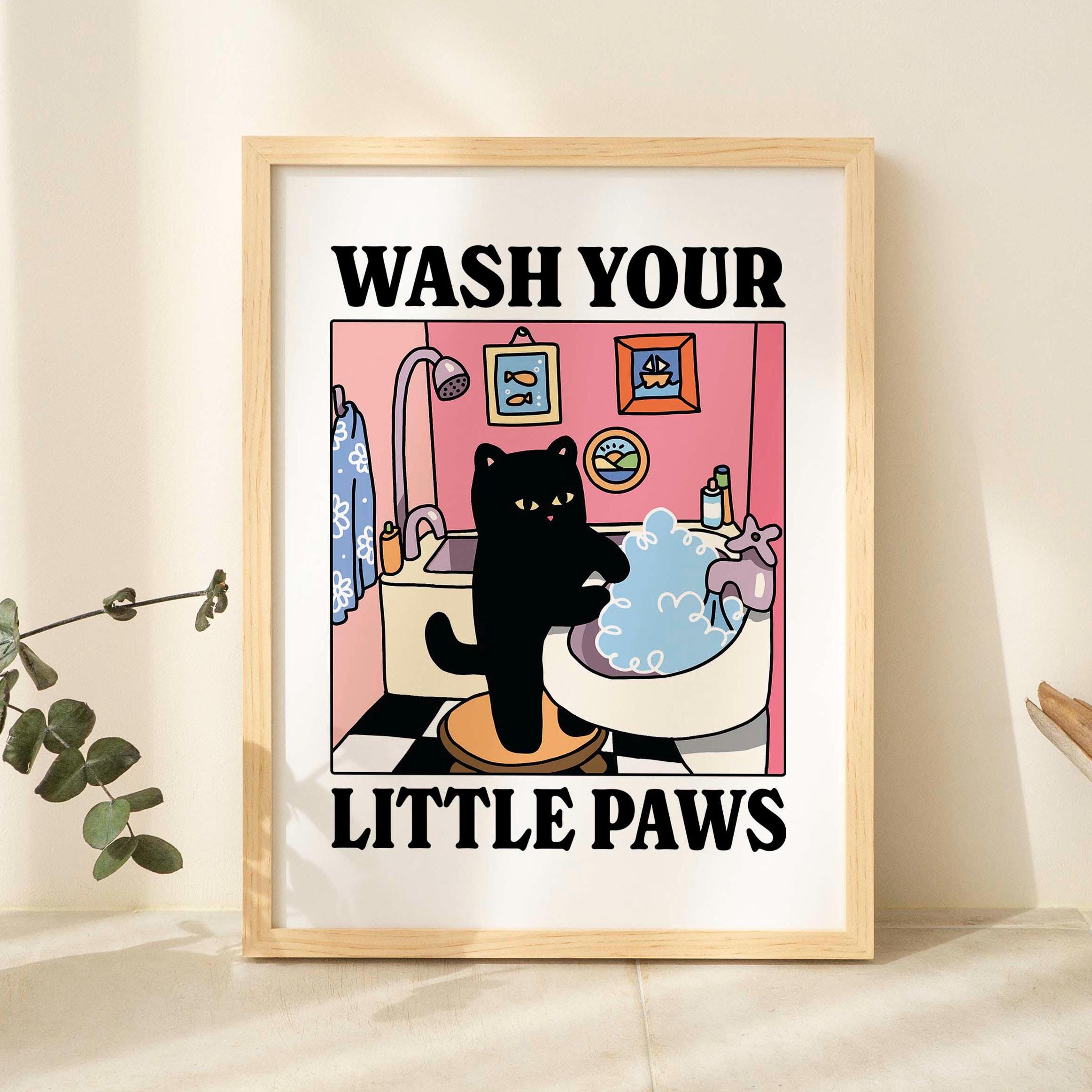 Wash your Paws Green Cat Print, Cute Bathroom Poster, Wash Room Childrens Washing up Posters, Kawaii Prints Decor, Unique Cats Art, UNFRAMED