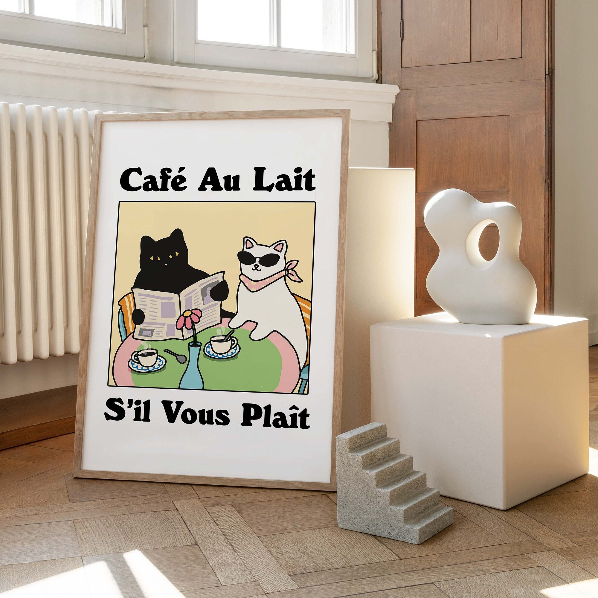 Coffee - Posters, Poster, Cafe Sil Etsy Cafe Plait, Print, UNFRAMED Decor, Posters, Unique Drink Kitchen Un Vous Au Cat French Retro Bistro Lait