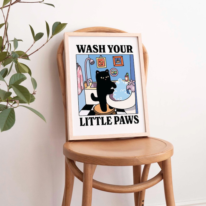Wash your Paws Cat Print, Cute Bathroom Poster, Wash Room Childrens Washing up Posters, Kawaii Prints Decor, Unique Cats Art, UNFRAMED image 4