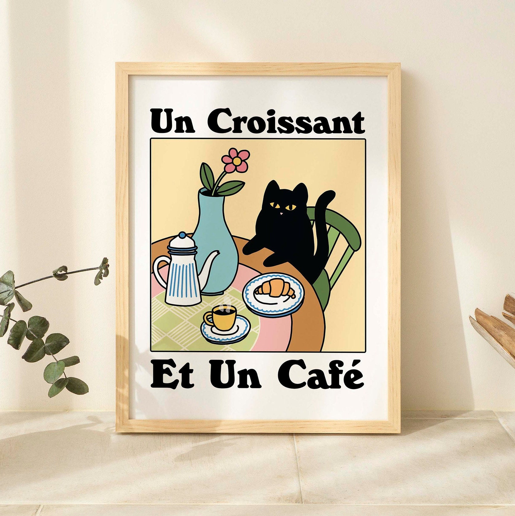 FRAMED French Cafe Cat Print, Croissant poster, Cute Kitchen Poster, Funky Cats Dining Room Decor White, Black Natural Wooden Metal Frame
