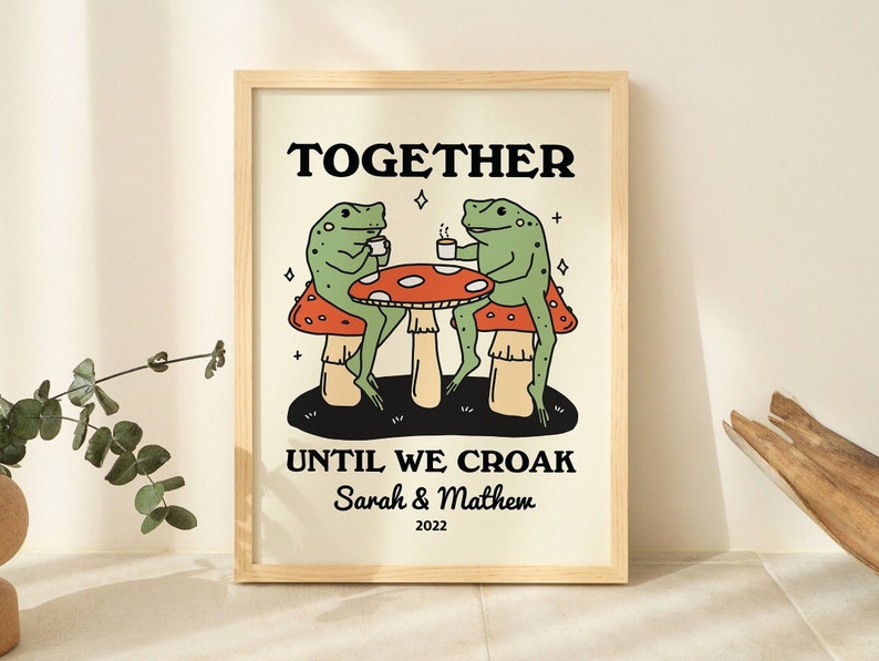 Personalized Couple Print, Custom Frog Illustration, Anniversary Engagement Valentines Gift Idea, Cute Wall decor, Retro Aesthetic, UNFRAMED image 1