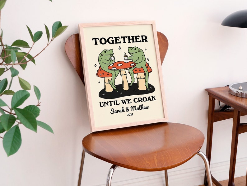 Personalized Couple Print, Custom Frog Illustration, Anniversary Engagement Valentines Gift Idea, Cute Wall decor, Retro Aesthetic, UNFRAMED image 2