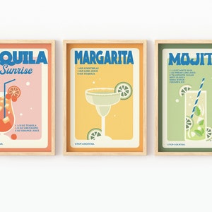 SET OF 3 Cocktail Drink Print Set, A5 A4 A3 Colourful Bar Prints, Wall Art, Tequila Sunrise, Mojito, Margarita, Kitchen Wall Decor, UNFRAMED