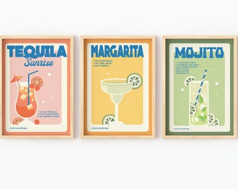 SET OF 3 Cocktail Drink Print Set, A5 A4 A3 Colourful Bar Prints, Wall Art, Tequila Sunrise, Mojito, Margarita, Kitchen Wall Decor, UNFRAMED