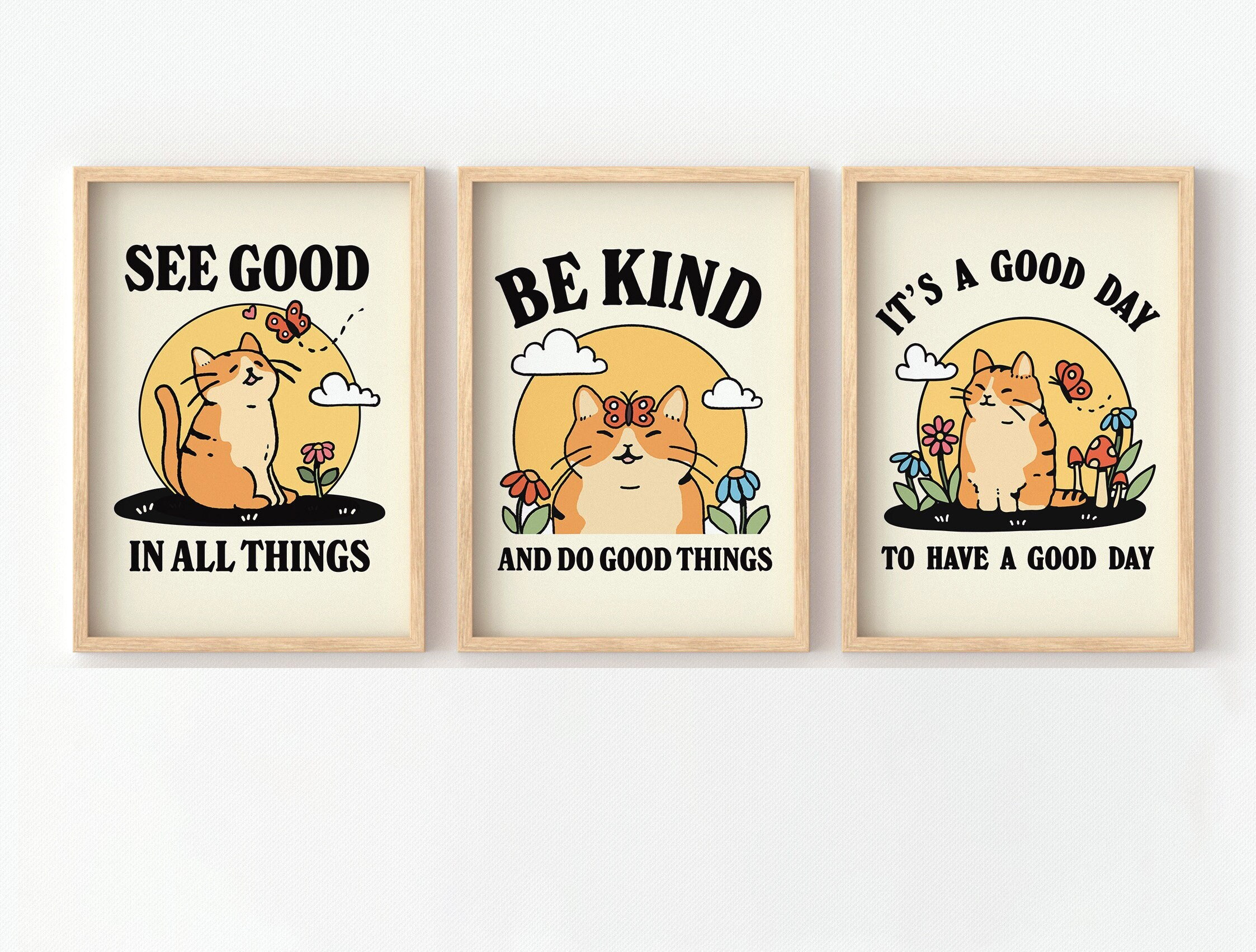 SET OF 3 Cat Print Set, Eclectic Colourful Self Love Prints, Retro Wall Art, Positivity Wall Decor, Trendy 80s Poster Prints, UNFRAMED