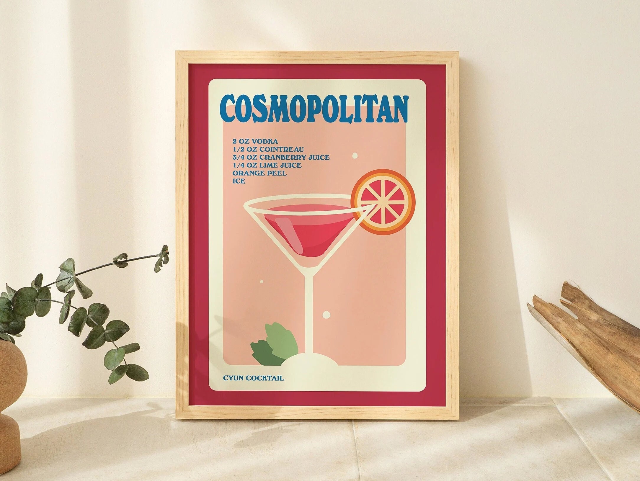 FRAMED Cosmopolitan Cocktail Recipe, Kitchen Bar Poster, Alcohol, Gallery Wall Art, Cosmo Drink, White, Black Natural Wooden Metal Frame