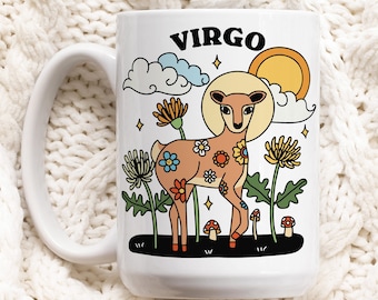 Retro Sternzeichen Becher, Jungfrau Astrologie Kaffeebecher, Horoskop Geburtstagsgeschenk, Retro Keramiktasse, Jungfrau Zeichen Geschenkidee, Cottagecore Becher, niedliches Geschenk