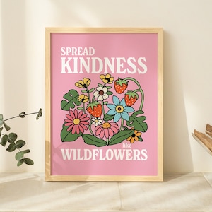 Cartel de Pink WildFlowers, Impresión botánica, Cartel del mercado de flores, Impresión de flores, Cita de bondad extendida, Impresiones de carteles grandes y coloridas, SIN MARCO