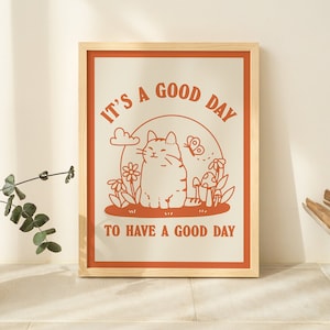 Cat Illustration Wall Print, Happiness Quote, Cute Kids Classroom Posters, Cottagecore Nursery Decor, Orange Green Animal Prints, UNFRAMED