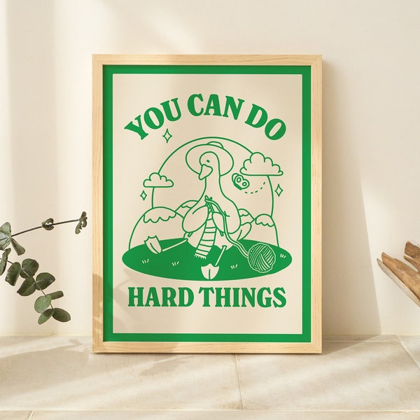 Impression murale d'oie mignonne, citation de motivation, illustration de style rétro, salle de classe Cottagecore, affiche enfant verte, impressions déco de chambre d'enfant, sans cadre