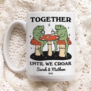 Custom Frog Mug, Personalized Couples Wedding Cup, Frog Lover Gift, Cute Valentines Anniversary Gift Idea, Cottagecore Mushroom Gift