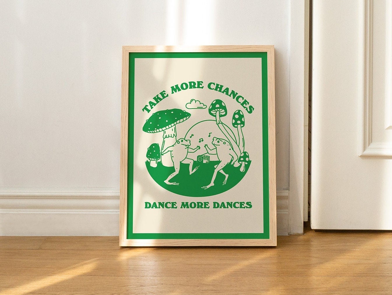 FRAMED Dancing Frog Wall Print, Selfcare Quote, Vintage Mushroom Illustration, Green Kids Poster, White, Black Natural Wooden Metal Frame