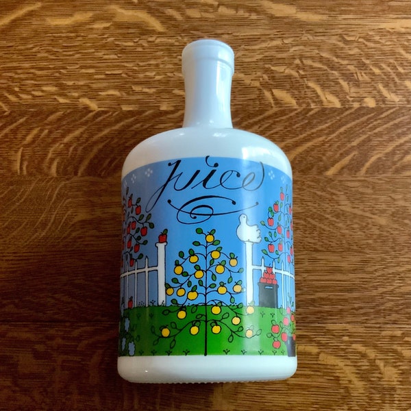 Vintage Milk-glass Jug 1982 by Lillian Vernon and Adam Wood. 10.5 Inches w/ charming Fruit Tree Scene and “Juice” Written in Script.
