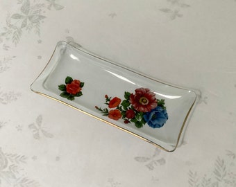 Vintage Clear Glass Pen Tray / Trinket Tray w/ Beautiful Floral under-painting and a guided edge - Pretty Cottage-core Tray