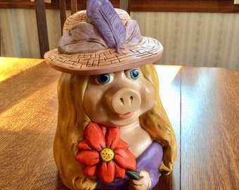 Vintage Miss Piggy Coin Bank // Hand - Painted Ceramic Porcelain Large Piggy Bank - Retro Muppets Girls Room Decor Very Unique Porcine Bank