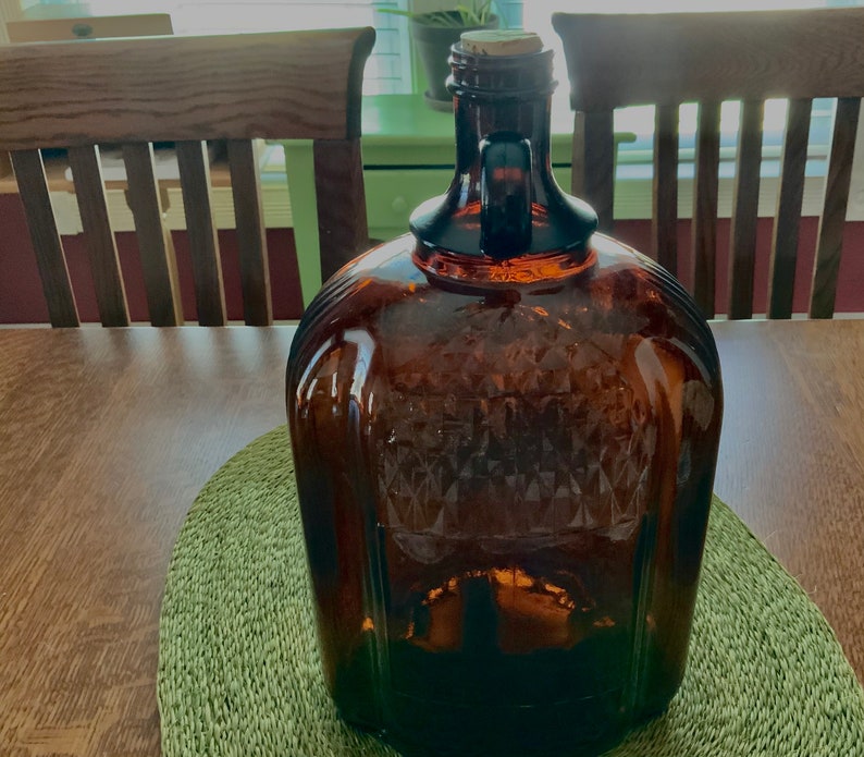 Vintage Amber Glass Corked Gallon Jug cork Stuck, Large Size Apothecary
