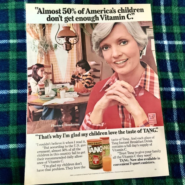 1977 vintage Tang Advertisement featuring Florence Henderson - Retro Beverage Ad - 1970s ephemera from Woman’s Day Magazine - 70s children