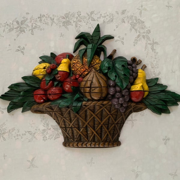 Vintage 1965 Homco Plastic Wall Hanging - Fruit Basket with Pineapple - 17.5 inches in height - Mid Century Retro Decor - 1960s Wall Hanging