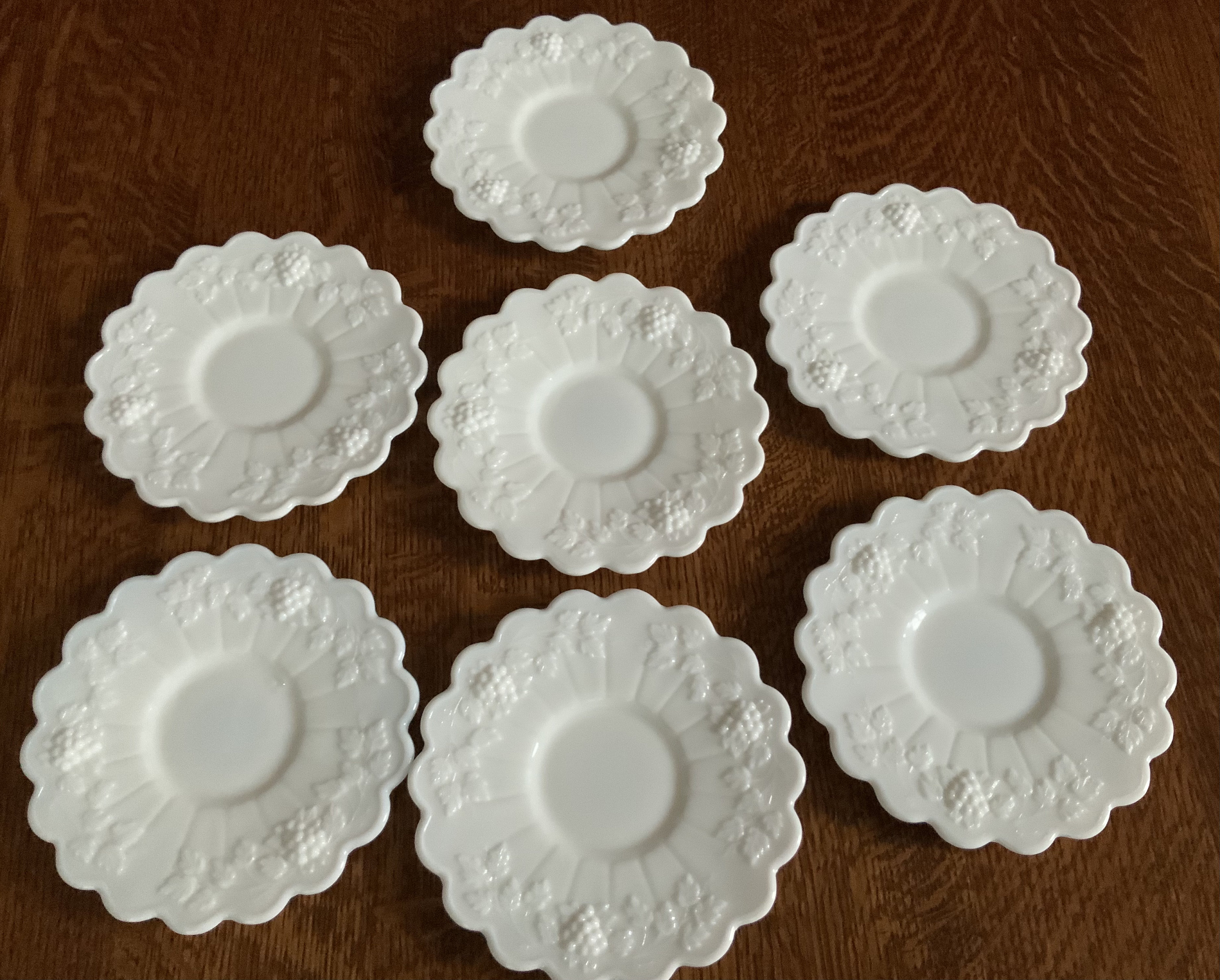 Vintage Westmoreland Saucers group of 7 Scalloped Milk Glass Saucers Retro White Milk Glass