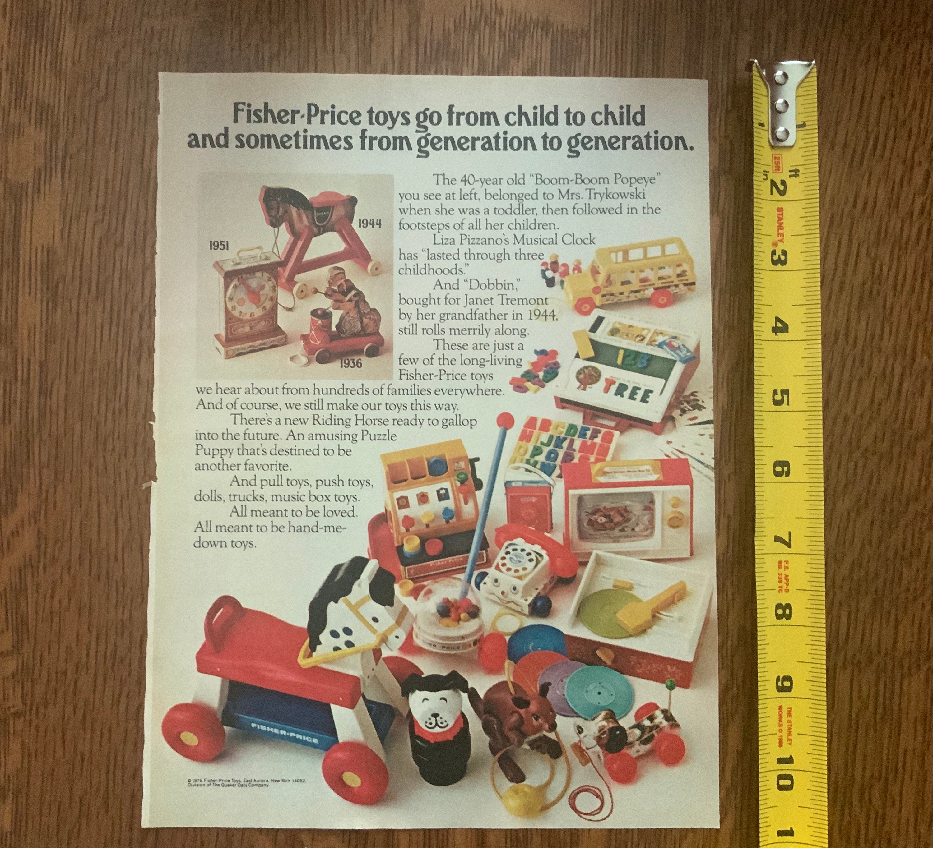 Fisherprice Vintage 1976 Toy Advertisement 8 by 11 Wall Art not Framed 1970s Nostalgia Fisher