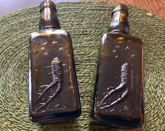 Pair of Vintage Amber Glass Bottles - Glass Square Ginger Ale Bottle with Awesome Ginger Root Embossed Design, Group of Two Retro w/ bubbles