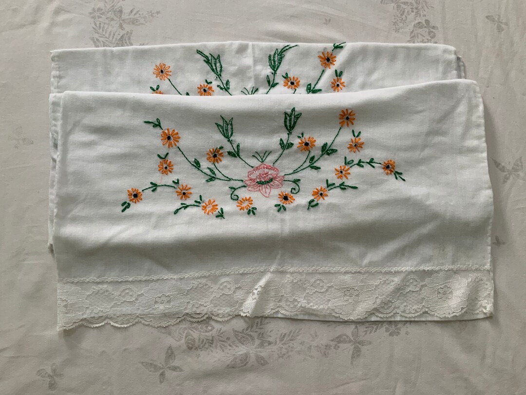 Vintage Handembroidered Pillow Cases Group of 2 W/ Extremely Etsy
