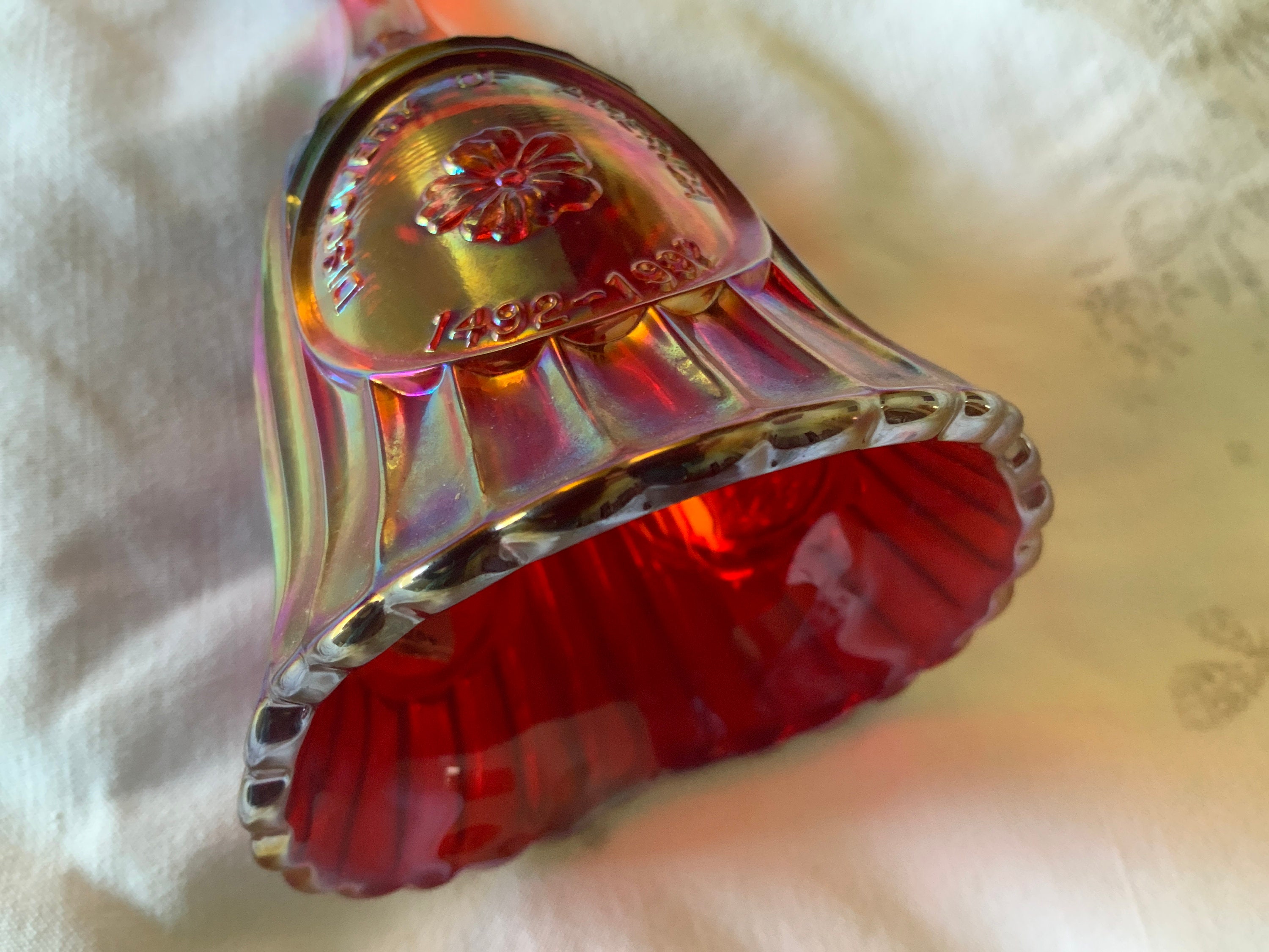 1992 Fenton Glass Bell Discovery of America 14921992 Red Carnival