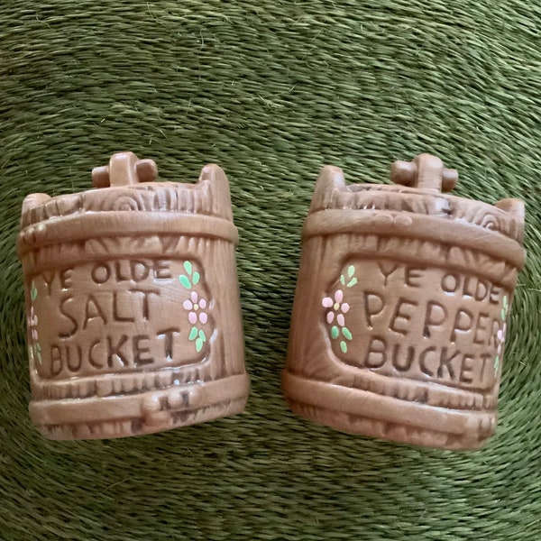 Vintage Twin Winton Salt and Pepper Shakers shaped like a bucket “Ye Olde Pepper Bucket”, “Ye Olde Salt Bucket” Mid Century Collectible