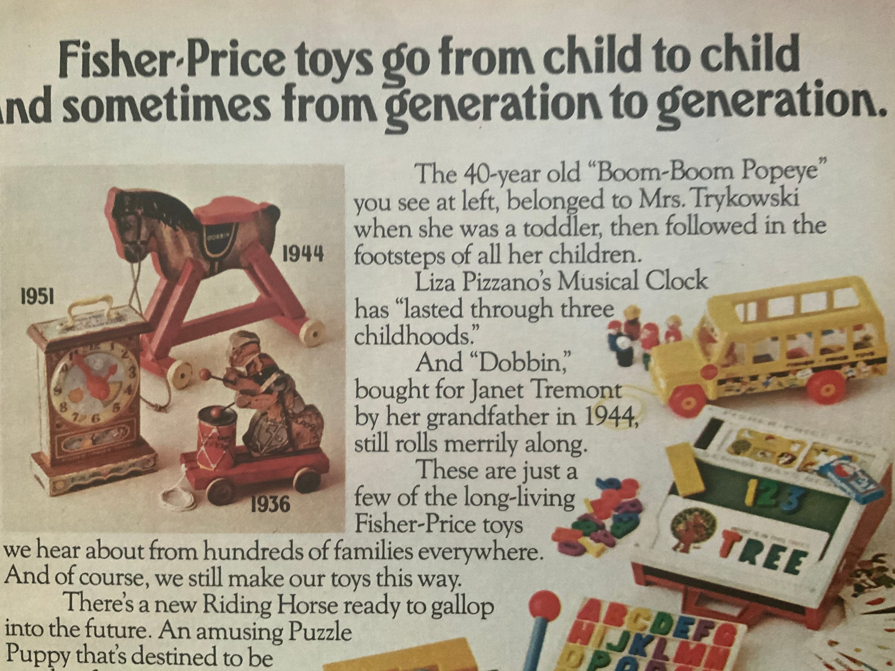 Fisherprice Vintage 1976 Toy Advertisement 8 by 11 Wall Art not Framed 1970s Nostalgia Fisher