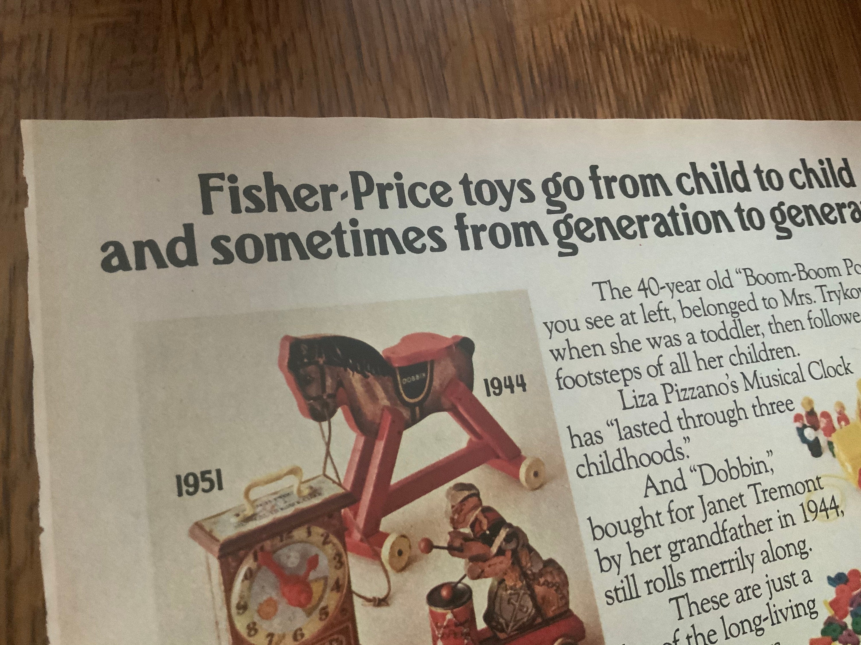 Fisherprice Vintage 1976 Toy Advertisement 8 by 11 Wall Art not Framed 1970s Nostalgia Fisher
