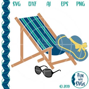 Puede incluir: Una silla de playa a rayas azules y verdes con un sombrero de sol azul con un lazo amarillo y gafas de sol negras. El texto "Fun with SVGs" está en un círculo con un diseño a rayas azules y verdes.
