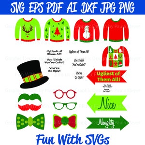 Brutto maglione Foto Booth Props SVG, Tagliare i file per la vostra prossima festa di Natale, viene fornito in grafica stampabile ad alta res e vettore modificabile o taglio