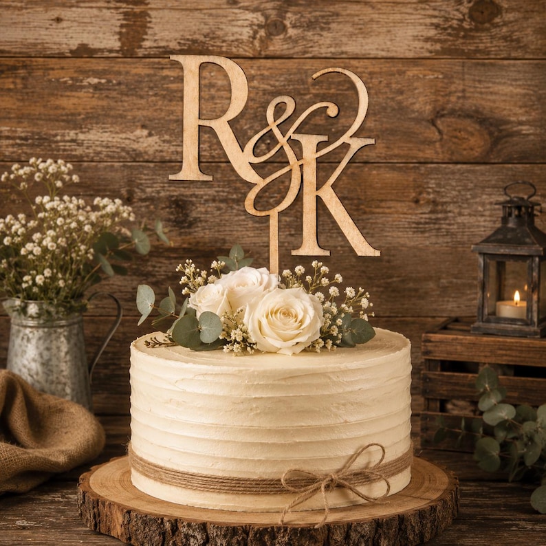 Personalized Monogram Wedding Cake Topper: Rustic Birch Wood Initial image 2